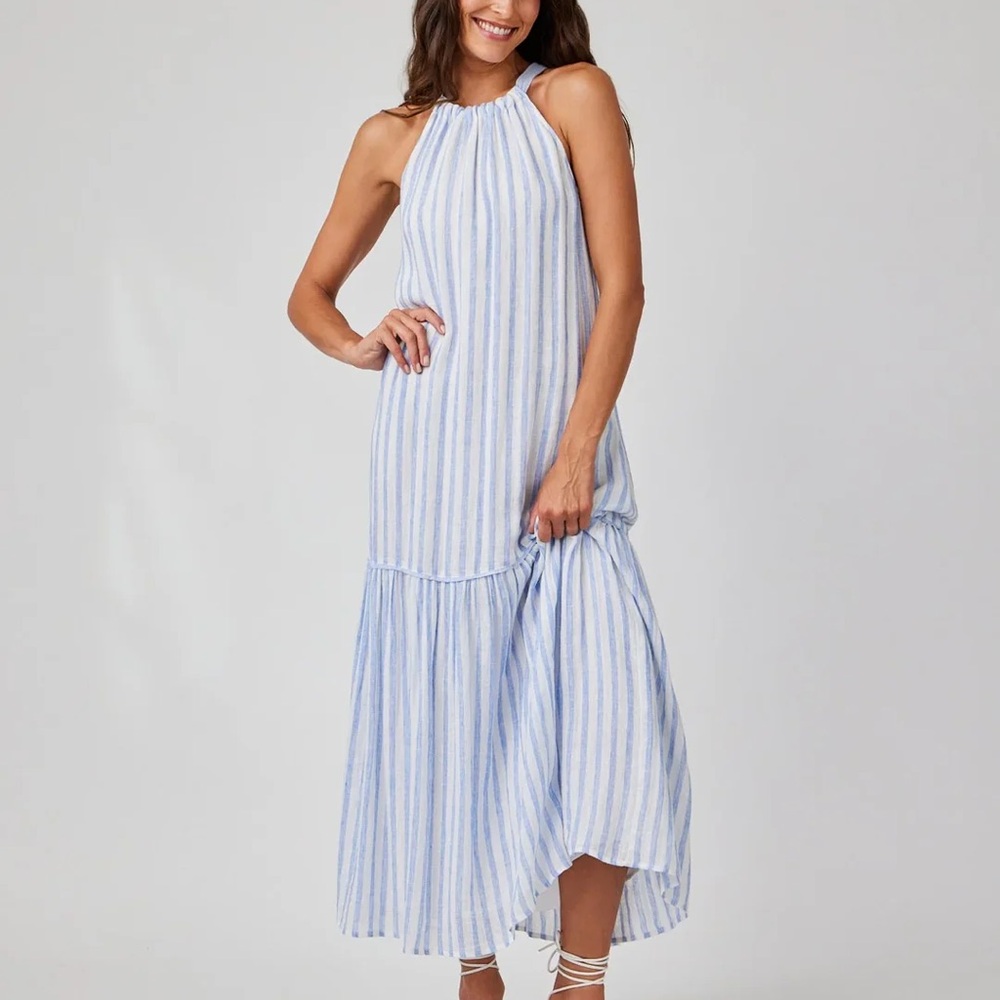 Bella Dahl Dress Size Large Tiered Contrast Maxi Halter Blue White Striped